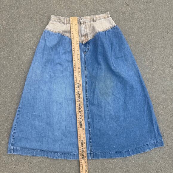 Vintage 80s OshKosh Two Tone Block V Yoke Midi A Line Jean Skirt Western 12 - Picture 10 of 10